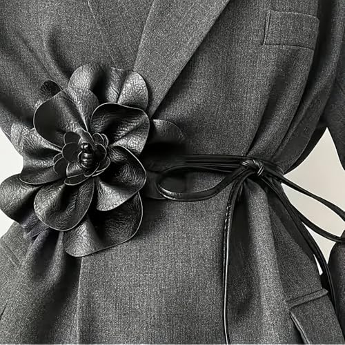 Boho Big Flower PU Leather Waist Belt Chain for Women Rose Floral Camellia Long Tassel Adjustable Waist Band Jewelry - color: Black