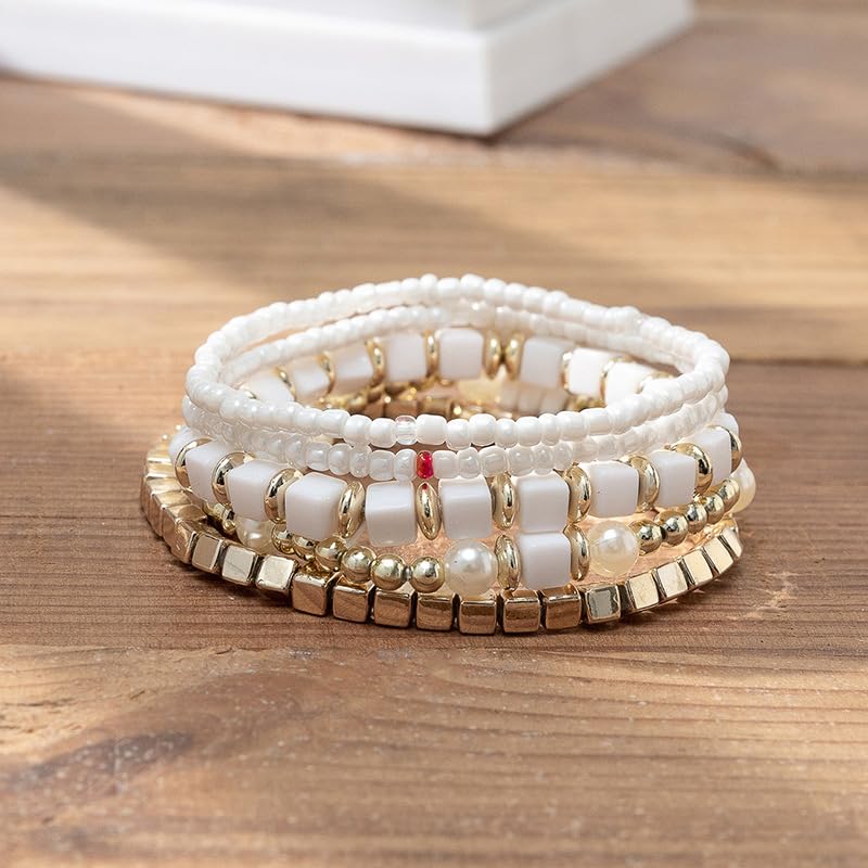 COLORFUL BLING 5Pcs/Set Bohemian Stackable Beads Bracelet for Women Multilayer Boho Seed Statement Stretch Strand Bracelet Friendship Women Jewelry - color: pink