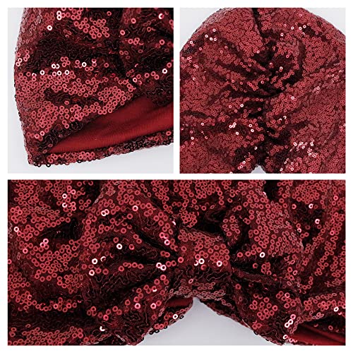 Erinaco Women Sparkle Sequin African Turban Bow Knot Pre-Tied Cap Pleated Ruffle Bonnet Beanie Hat Headwrap Skull Caps - color: Wine Red Sequin