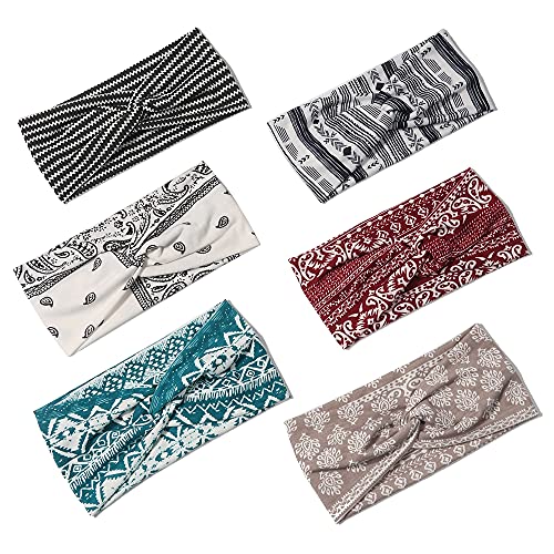 Artilady 6 Pack Wide Boho Headbands for Women - Soft Yoga Elastic Hair Bands for Girls Workout Running Sport Headwrap Non-slip Breathable (Patterned) - color: 6pcs Patterned
