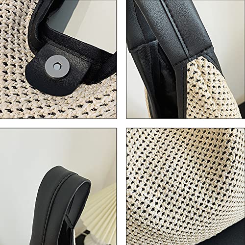 Hand-woven Straw Shoulder Bag Boho Black Leather Top Handle Tote Retro Summer Beach Bag Holiday Travel Handbag - color: White