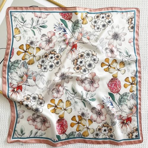 FONYVE 100% Mulberry Silk Scarfs for Women-Lightweight Square Satin Head Scarf-Small Silk Hair Scarf for Sleeping 21"x21" - color: 20 Pink Flower