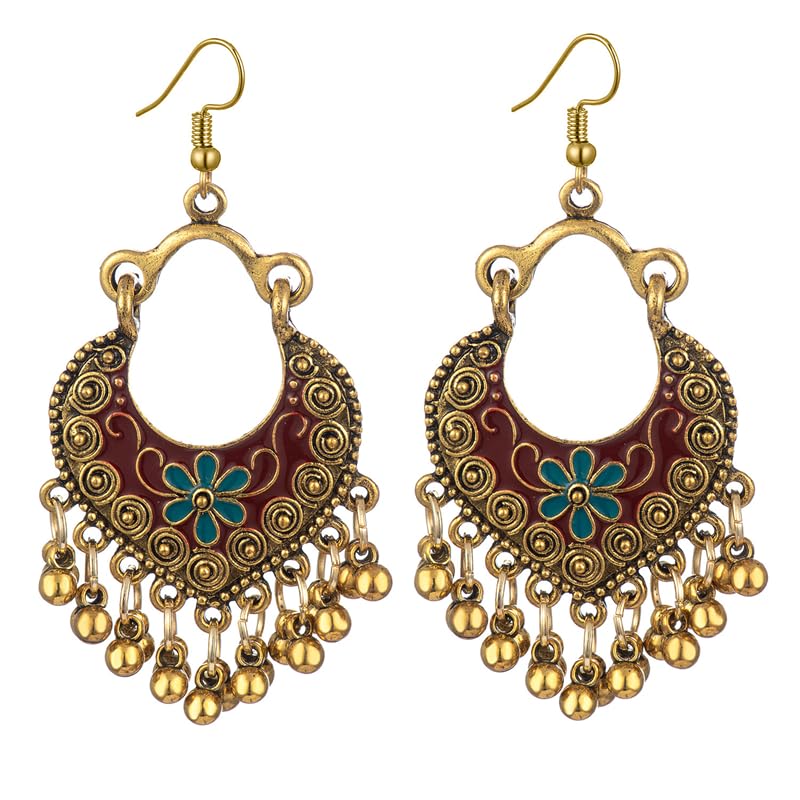 Vintage Boho Statement Drop Dangle Earrings for Women Bohemian Ethnic Handmade Beaded Charms Earring Bohemian Retro Chandelier Tassel Earrings Mexico Gypsy Jewelry Gift - color: Gold-Red