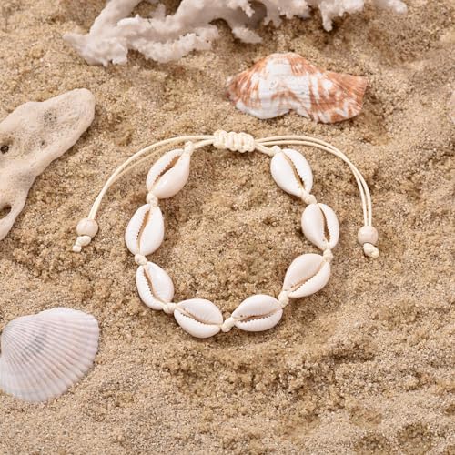 ATIMIGO Adjustable Nature Puka Shell Ankle Bracelet Cowrie Shell Anklet Handmade Boho Hawaiian Beach Surfer Seashell Braided Anklet Foot Jewelry for Women - color: beige string cowire shell anklet
