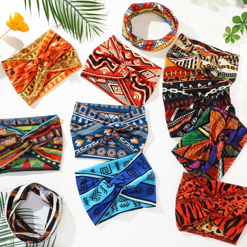XunYee 12 Pcs Juneteenth Headbands African Boho Print Headbands for Women Yoga Twisted Knot Headwraps - Assorted Wide Elastic Bandeau Hair Accessories for Girls, Running, Sports