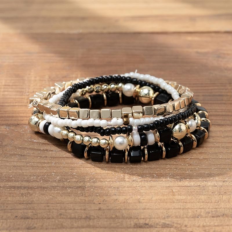 COLORFUL BLING 5Pcs/Set Bohemian Stackable Beads Bracelet for Women Multilayer Boho Seed Statement Stretch Strand Bracelet Friendship Women Jewelry - color: light blue