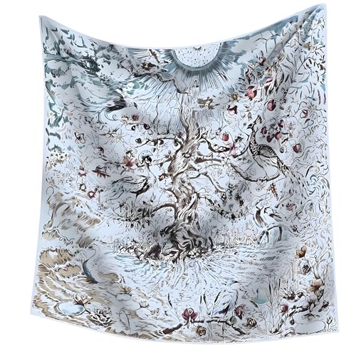 Premium Floral Scarf for Women 35x35 Square Silk Feel-Lightweight Scarves Headscarf Bandanas Wrapping Handbag - color: Mystic Tree Swan Illustration Light Blue