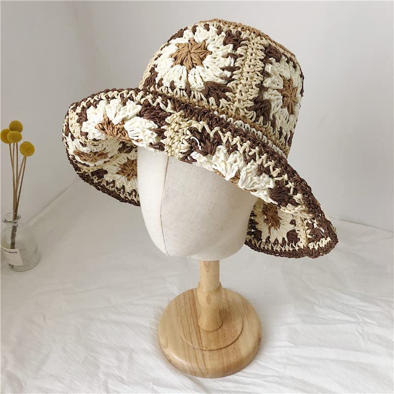 Women Straw Sun Hat Floral Woven Crochet Bucket Hat Y2k Aesthetic Accessories Beach Hat Hand Woven Boho Foldable Cap - color: Coffee