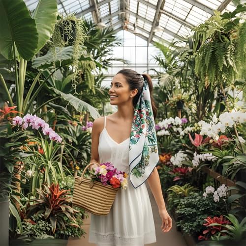 Premium Floral Scarf for Women 35x35 Square Silk Feel-Lightweight Scarves Headscarf Bandanas Wrapping Handbag - color: Tropicaljungle Tiger Elephant Star Print Scarf