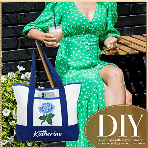 Reginary 16 Pcs Canvas Tote Bags Bulk with Outer Pocket 18 Inch Reusable Shopping Grocery Blank Tote Bag for Women Mother DIY (Blue White) - color: Blue White