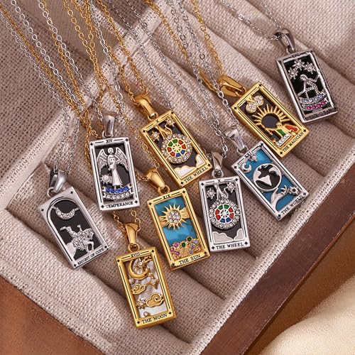 ORIGENCE 18k Gold Plated Tarot Cards Pendant Necklace - Vintage Colorful Charm Necklace Lucky Talisman Hypoallergenic for Women and Men Gift - style: The Moon-New
