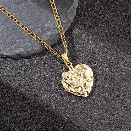 14K White Gold Plated Diamond-cut Heart Pendant Necklace for Women Nugget Heart Charm Figaro Chain Necklaces Minimalist Jewelry - color: gold-large