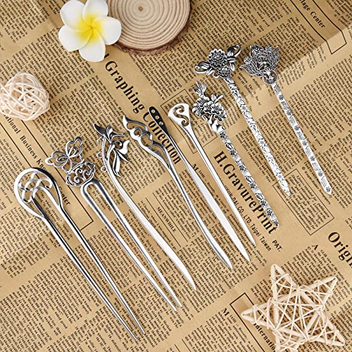 TUPARKA 18 PCS Silver Hair Sticks Vintage Hair Pins Chinese Women Hair Chopsticks Pins Retro Vintage Decorative for Hair Diy Accessory（9 Design） - color: silver