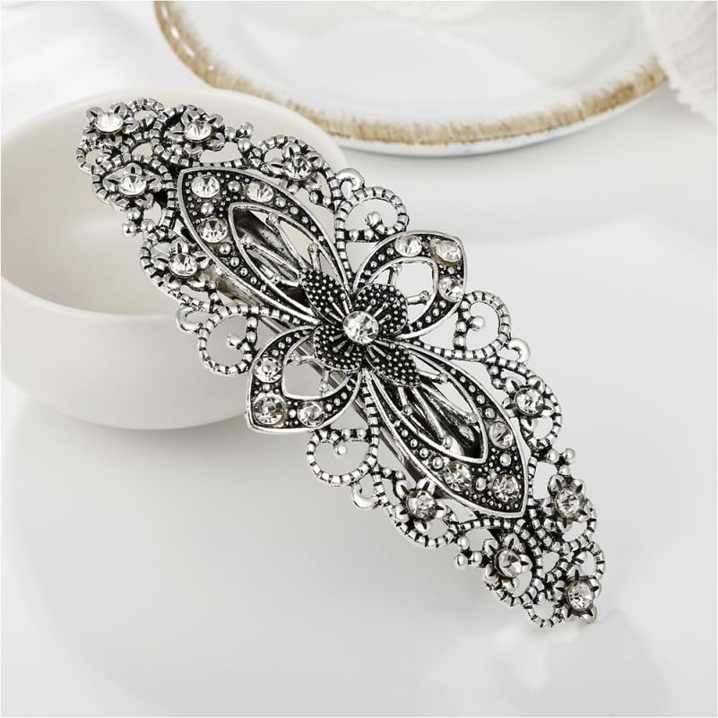 FRCOLOR 2Pcs Vintage Floral Hair Clips for Women Rhinestone Hair Barrettes for Styling Ponytails Updos Decorative Metal Accessories
