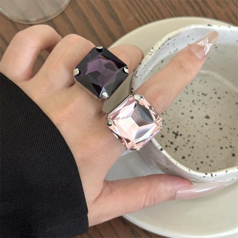 Square Large Rhinestone Exaggerated Statement Ring for Women Sparkling Thick Chunky Geometric Big Crystal Stone Finger Knuckle Band Rings Open Adjustable Wedding Brides Cocktail Prom Party Jewelry - color: Purple