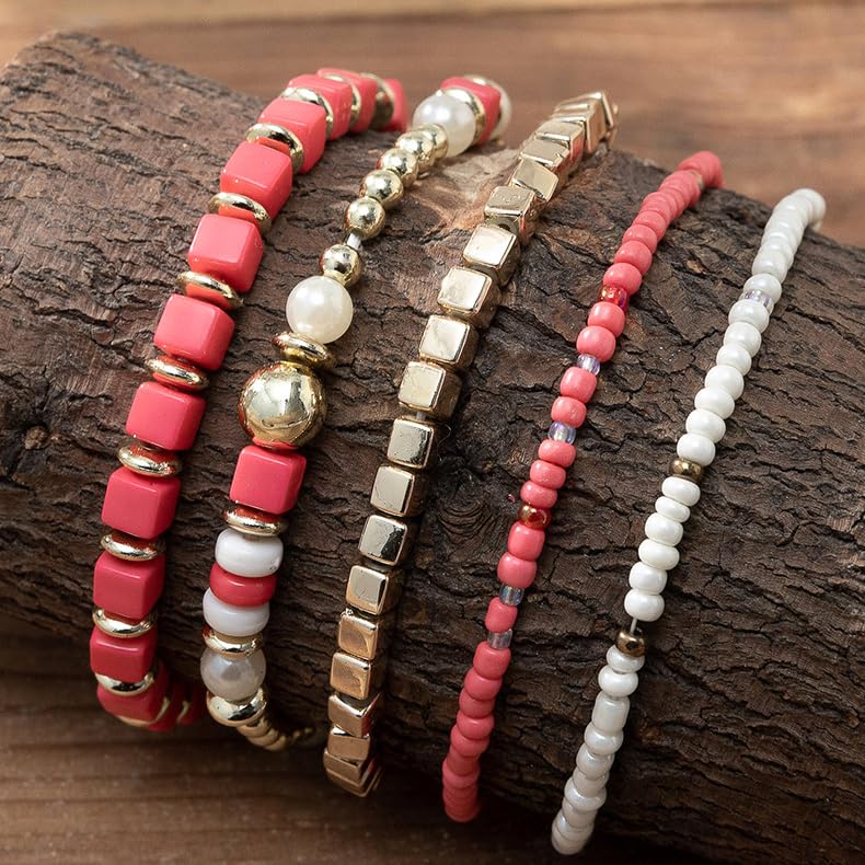 COLORFUL BLING 5Pcs/Set Bohemian Stackable Beads Bracelet for Women Multilayer Boho Seed Statement Stretch Strand Bracelet Friendship Women Jewelry - color: purple