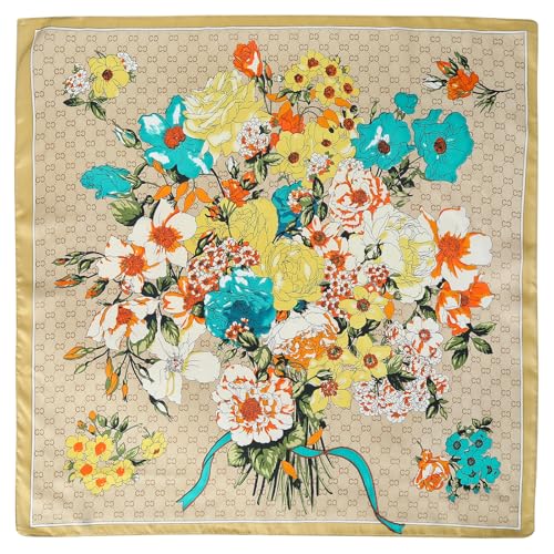 Stlvoll 27.5" Silk Neck Scarf of Women's Fashion Head Scarf Square Neck Satin Scarfs for Bag Hair Scarves Gift - color: Flower/Khaki/Yellow