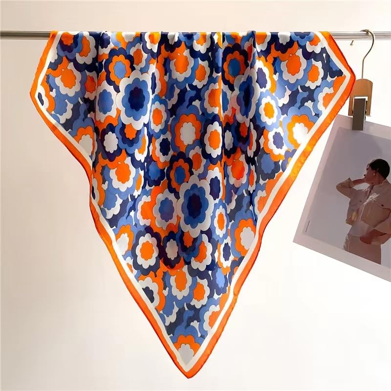 Stlvoll 27.5" Silk Neck Scarf of Women's Fashion Head Scarf Square Neck Satin Scarfs for Bag Hair Scarves Gift - color: Orange/Blue