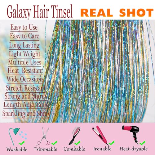 Celinebella Rainbow Hair Tinsel Kit, 48" 2000 Strands Multicolor Shimmer | Vibrant multi-color rainbow shimmer, full tool kit included, heat resistant, great for parties festivals Halloween cosplay - color: 19-Rainbow Mix, size: 48 Inch Pack of 8 PCs