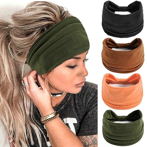 FULZTEY Wide Headbands for Women Neutral Knotted Head Wraps Thick Brown Turbans African Style Hair Bands Elastic Orange Sport Workout Yoga Sweatbands Solid Color Hair Accessories for Female 4pcs - color: Style 11
