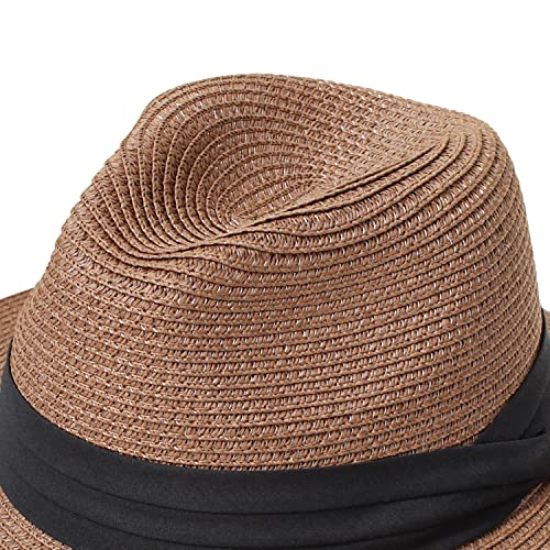 DRESHOW Women Straw Panama Hat Travel Fedora Beach Sun Hat Summer Wide Brim Straw Roll up Hats UPF 50+ - color: Fedora Coffee