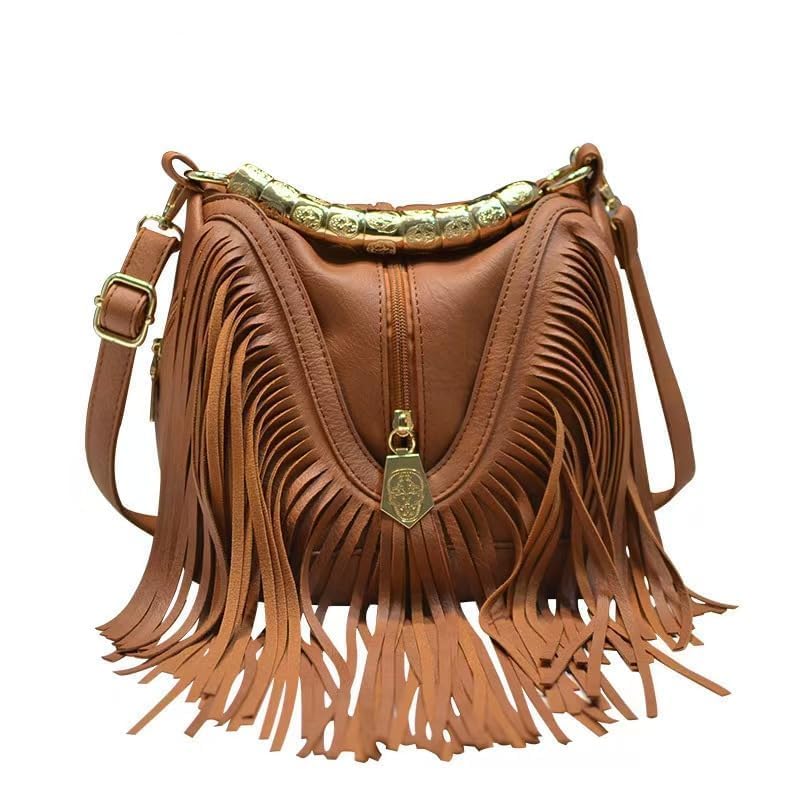 Tassel Shoulder Bag, Vintage Stylish Women PU Leather Bohemian Fringed, Vintage Hobo Crossbody Bag,Fringe Handbag - color: Black Red-2