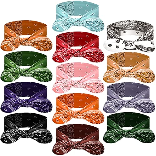 WILLBOND 13 Pieces Bandana Headband for Women Paisley Hair Bandanas Boho Bow Headbands Elastic Knot Rabbit Ear Head Wrap Cute Hair Accessories for Women 7.87x2.75 Inch(Fresh Color) - color: Fresh Color