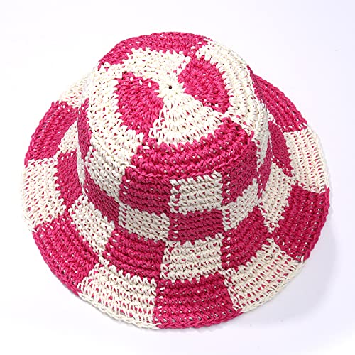 Sun Hats Checkerboard Straw Bucket Hat for Women Packable Crochet Wide Brim Floppy Beach Hats Traveling Summer Accessories - color: Hot Pink