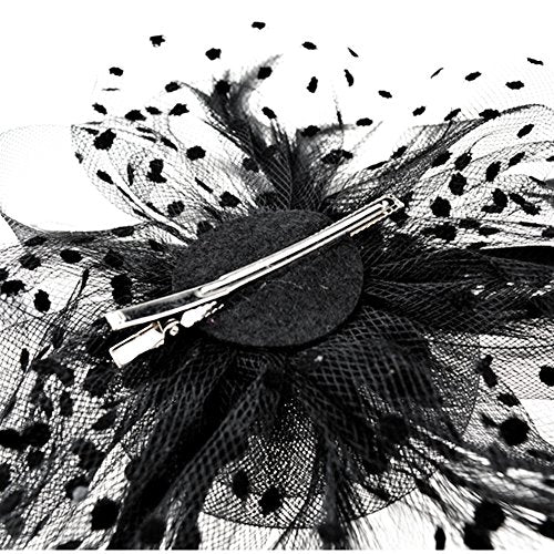 DRESHOW Fascinators Hat Flower Mesh Ribbons Feathers on a Headband and a Clip Tea Party Headwear for Girls and Women - color: 7" Diameter / Black