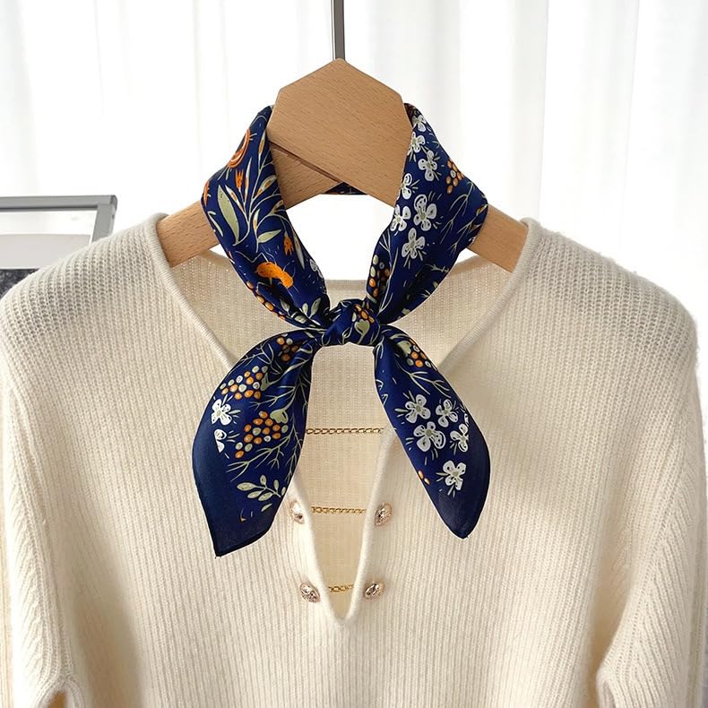 ANDANTINO 100% Mulberry Silk Scarf -21” Square Neckerchief with Gift Packed - color: Flowers-navy