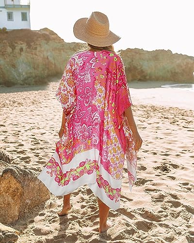 Kimonos for Women Casual Swimsuit Coverup Lightweight Boho Kimono Cardigans for Summer - color: Rose Red Flower