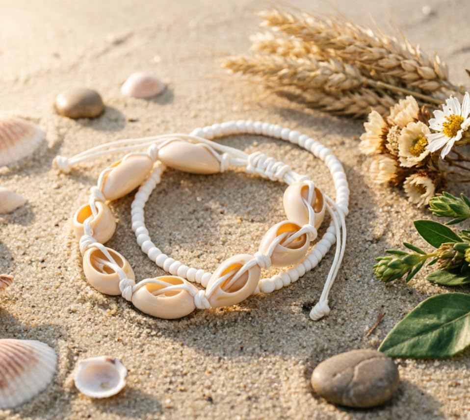 Beach shell sea star sea bead anklet set for Women, adjustable gold-plated Bohemian shell bracelet for ankle Fashion Layered anklet - color: Shell& Bead 2Pcs