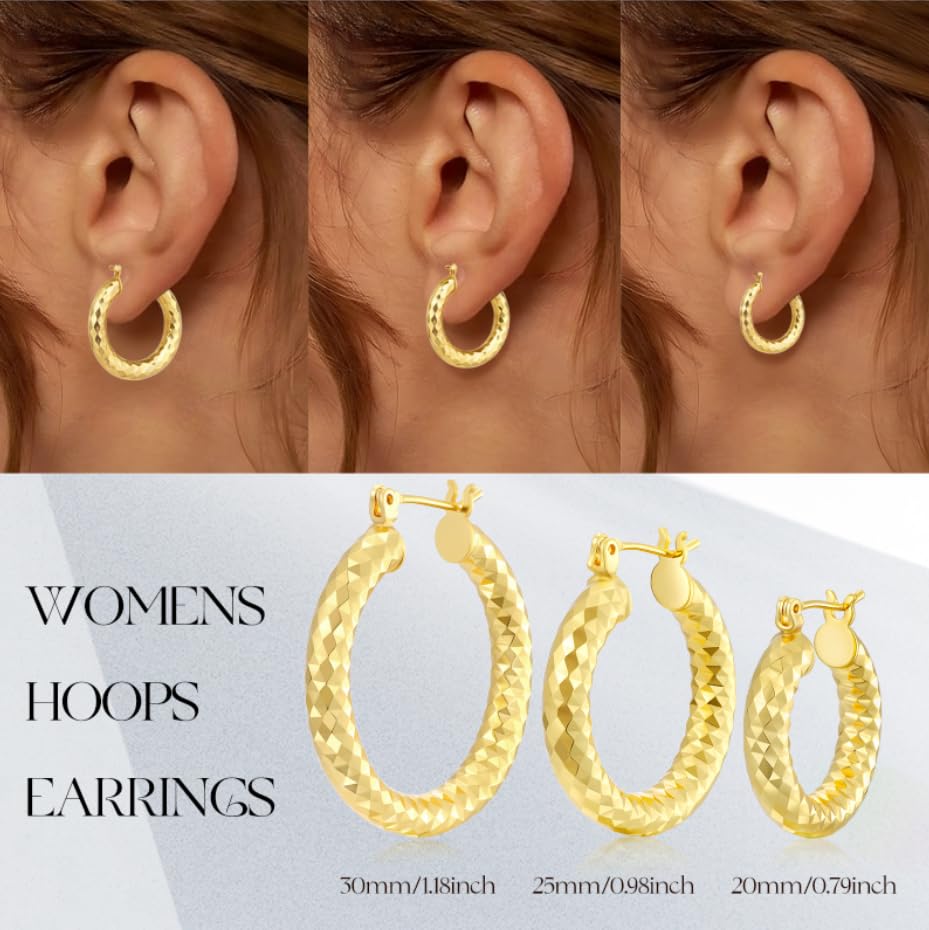 Gold Plated Hoop Earrings for Women 14K Gold Plated Earrings for Women Hypoallergenic Lightweight Wrinkle Texture Earrings Womens 20mm/25mm/30mm - size: 20mm