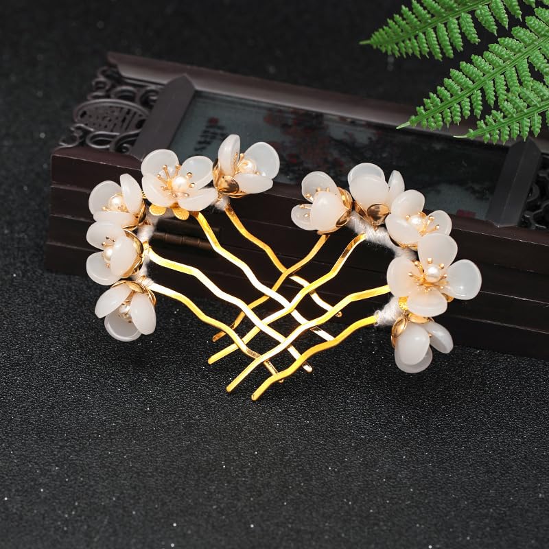 2pcs Retro Chinese Hanfu Wedding Brides Hair Accessories, Camellia Flower Tassels Hairpin, Crystal Rhinestone Pearl Hair Clips Headpiece, White - color: 2 white