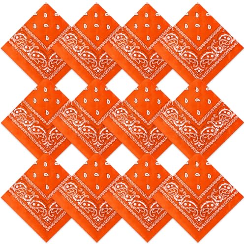 Suhine 12 Pcs Bandanas Bulk for Women Men 22 x 22 Inch Paisley Headband Cowboy Handkerchief Summer Beach Party Costume - color: Deep Orange
