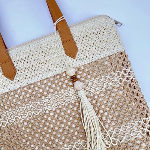 Aphoraeny Straw Beach Bag Buckets Totes Handbag Shoulder Tote Bag Straw Purse Summer Purse Women Summer Handbag - color: B-beige Stripes