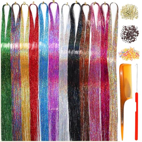 Hair Tinsel Kit 12 Colors 47 Inch Heat Resistant Reusable Stretchable Durable Shiny Hair Tinsel Strands for Women Girls Daily Wear Festival Party Cosplay Halloween Christmas Hair Accessories - color: 1401 12 Colors+Tools, size: 47 Inch