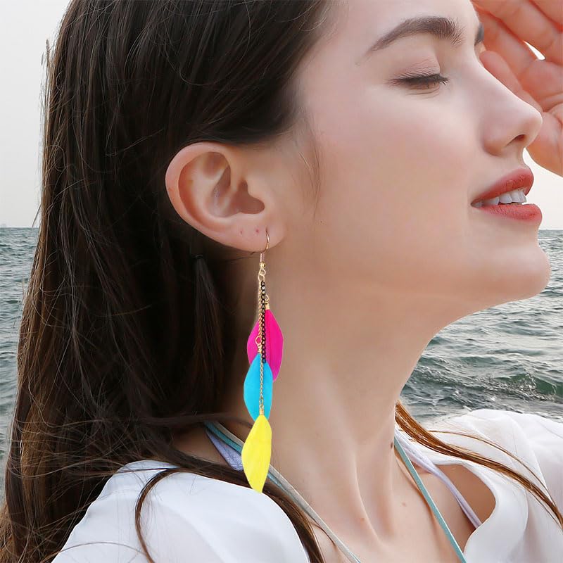 coadipress Boho Piercing Tassel Feather Long Chain Earrings Retro Lightweight Native Feather Dangle Drop Earrings for Women Bohemian Handmade Natural Feathers Earring Jewelry - color: Muticolor