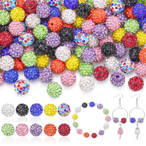 100 pcs 10mm Rhinestone Beads for Jewelry Making, 10 Mixed Colors Shiny Round Shamballa Disco Beads, Sparkle Crystal Clay Christmas for Bracelet Baseball Necklace Earring Crafting and DIY - color: 10 Colors, size: 10mm/100pcs