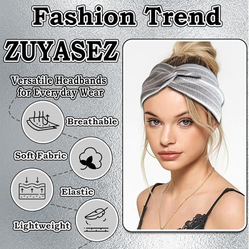 3 Pcs Headbands for Women Striped Cross Twist Hair Bands Stretchy Ribbed Turban Head Bands African Non Slip Workout Hair Warps Accessories - color: Black+White+Grey Stripe