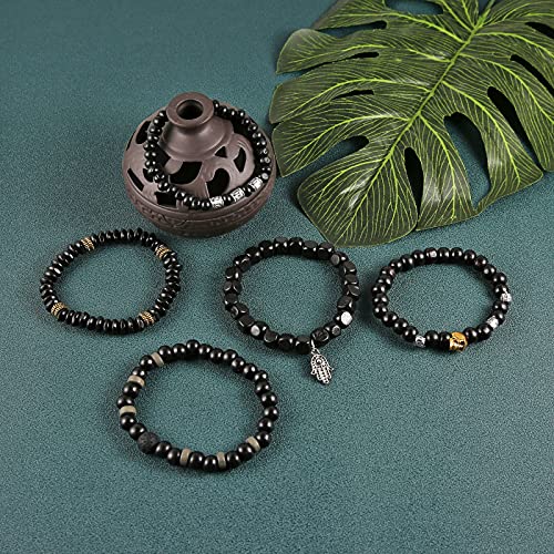 HZMAN Wrap Bracelets Men Women, Hemp Cords Wood Beads Ethnic Tribal Bracelets, Leather Wristbands - style: Hand of Fatima