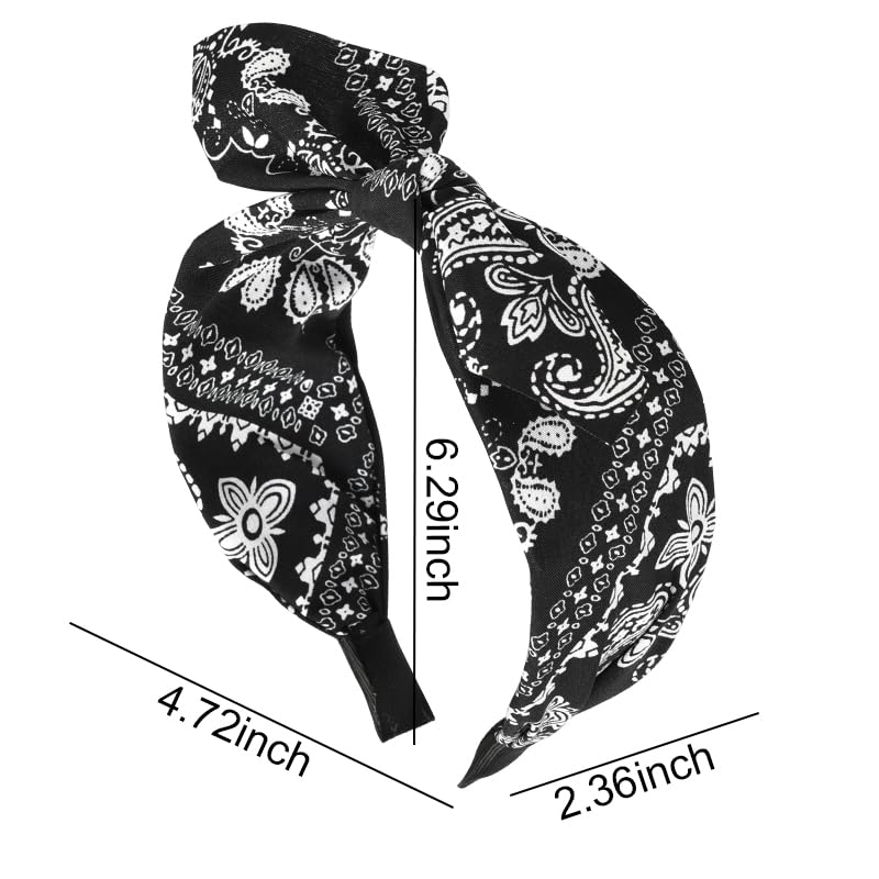 Boho Paisley Bandana Headbands with Knotted Bow and Rabbit Ear Design for Women and Girls - Black Bowknot Hairband Accessories - color: black