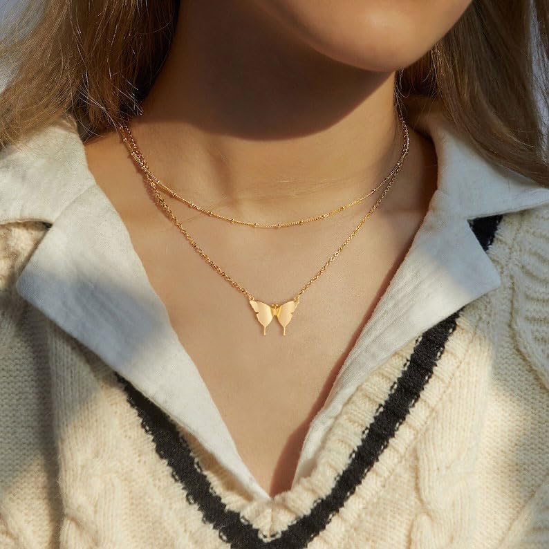 LLWOM Gold Necklace for Women-14k Gold Plated Infinity Necklace Star Of David Necklace Evil Eye Cross Pendants Heart Dainty Gold Necklace For Women - color: Gold, style: Bufferfly