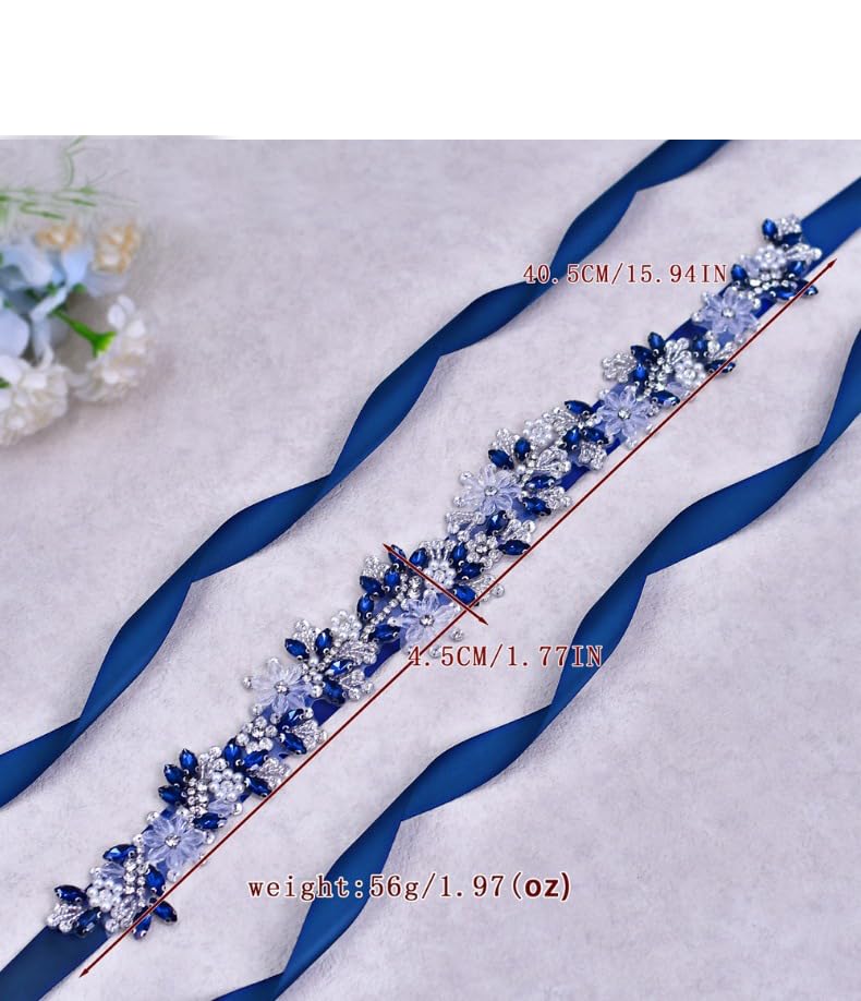 Rhinestone Wedding Bridal Belt for Women Formal Dress Handmade Crystal Beading Wedding Sash Belt - color: Blue