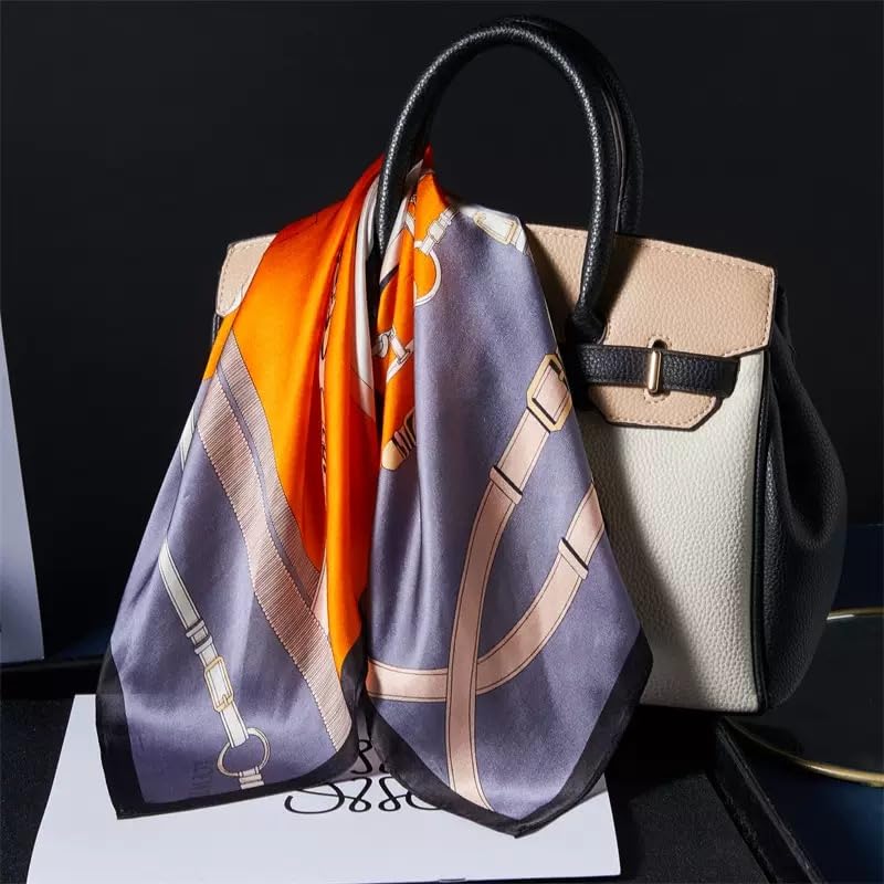 ANDANTINO 100% Mulberry Silk Scarf -21” Square Neckerchief with Gift Packed - color: Belts-orange-grayish Blue