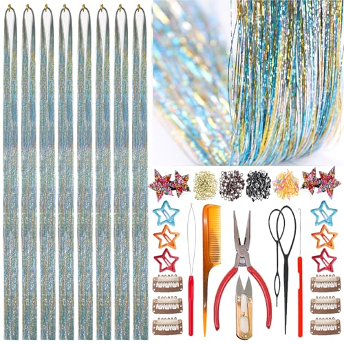 Celinebella Rainbow Hair Tinsel Kit, 48" 2000 Strands Multicolor Shimmer | Vibrant multi-color rainbow shimmer, full tool kit included, heat resistant, great for parties festivals Halloween cosplay - color: 19-Rainbow Mix, size: 48 Inch Pack of 8 PCs