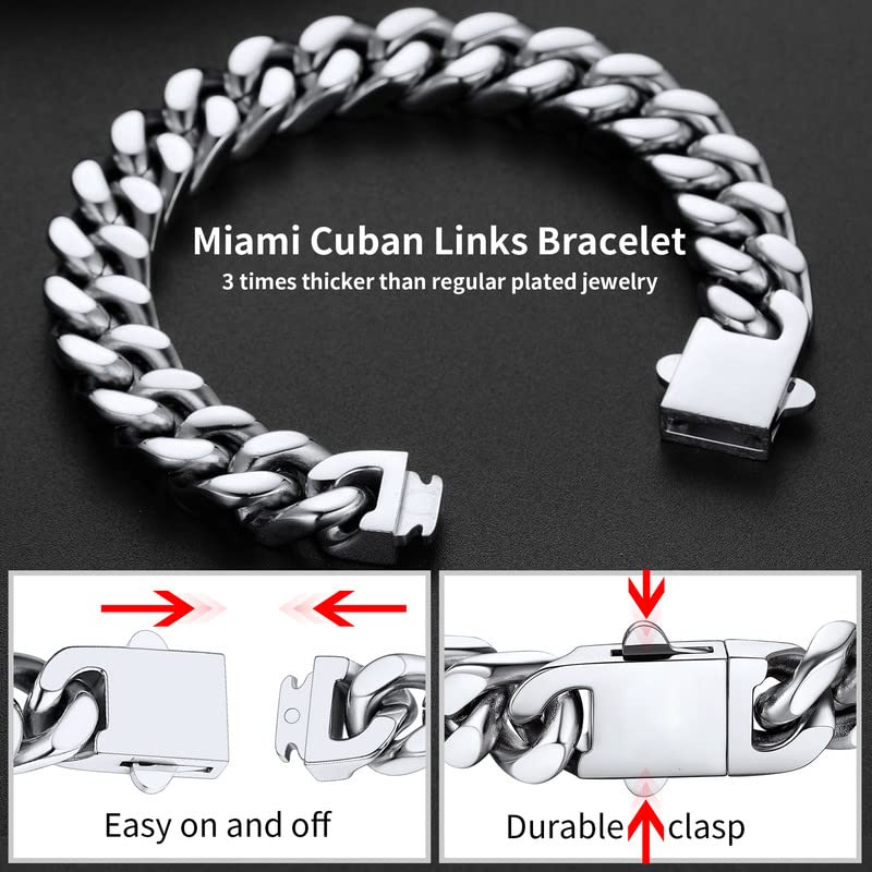 ChainsHouse Stainless Steel Cuban Link Bracelet for Men, 5mm/7mm/9mm/12mm Width, 7.5"/8.3"/9" Length, Black/18K Gold Plated Chain Wrist Bracelets for Men, with Gift Box - color: b. 12mm width-steel, size: 7.5 Inches