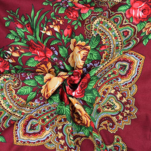 Gudessly Women's Traditional Scarf Wrap Tassel Fringes Neck Head Shawl Retro Scarf Floral Poncho Printing Square Cape 50inch - color: Wine Red