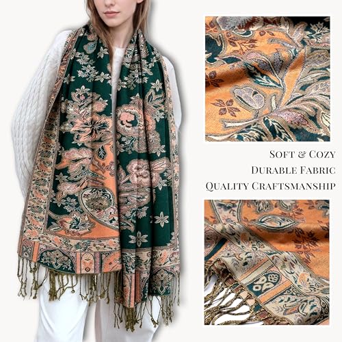 Achillea Elegant Paisley Floral Pashmina Shawl and Wrap – Boho Rave Scarf for Festival, Travel & Everyday Wear - color: Emerald Green