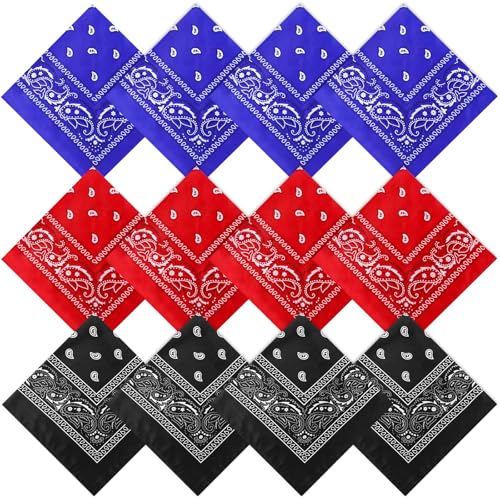 Suhine 12 Pcs Bandanas Bulk for Women Men 22 x 22 Inch Paisley Headband Cowboy Handkerchief Summer Beach Party Costume - color: Red, Black and Blue